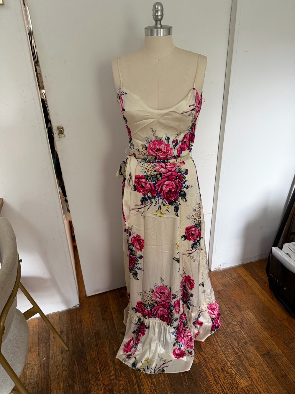 Butter Yellow Floral Maxi Dress with Pink Rose Print